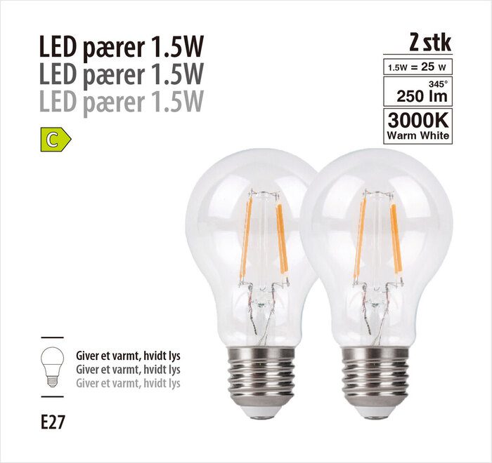 LED-filamentpærer 1,5 W E27 - 2-pk.